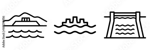 The icon for a hydroelectric dam is depicted in a modern flat style with an outline and isolation