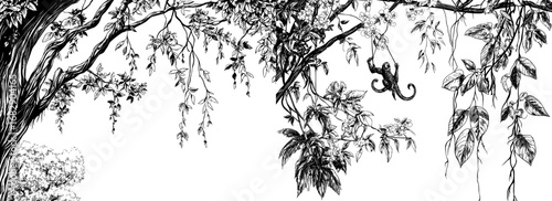 Ivy vine branches adorned with monstera leaves and jungle lianas of tropical jungle forests are set against modern border frames, featuring cartoon creeping plants and bindweed trees