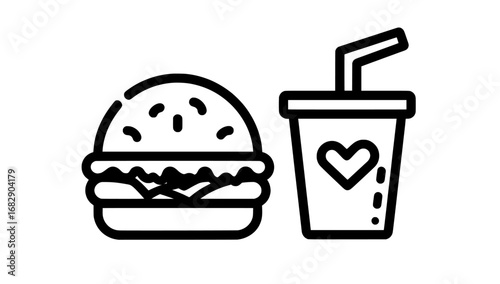 A modern illustration on a white background features a burger icon set that includes a cheeseburger symbol