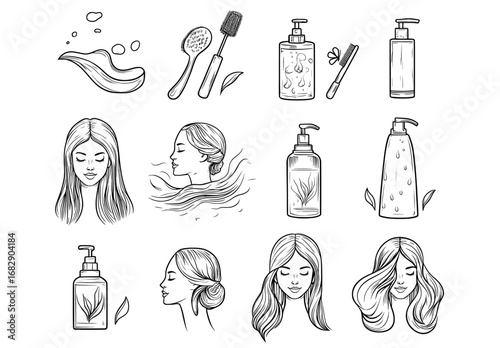 The icons of a modern woman's beauty salon set for hair care and treatment are depicted in thin lines, showcasing shampoo, dye, conditioner, brush, comb, towel, and an outline of a woman's head with
