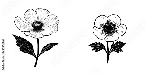 Minimalist black-and-white vector illustration of two flower silhouettes with simple design elements