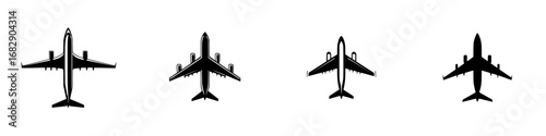 Minimalist black-and-white vector illustration of airplane silhouettes in various orientations depicting flight dynamics