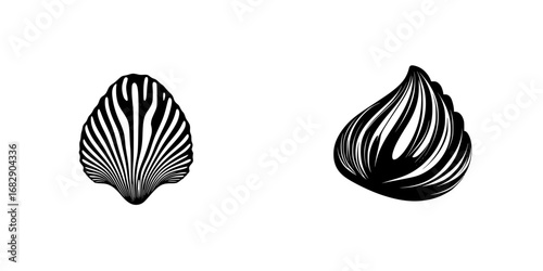 Minimalist black-and-white vector illustration of two shell silhouettes with intricate designs