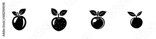 Black and white vector illustration of minimalist fruit icons showcasing various apple designs and silhouettes