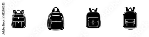 Minimalist black-and-white vector illustration of simple backpack silhouettes in various styles