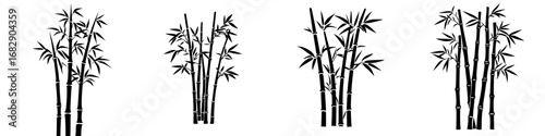 Minimalist black-and-white vector illustration of bamboo silhouettes in various arrangements