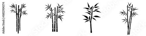 Minimalist black-and-white vector illustration of bamboo silhouettes with varying designs and formations
