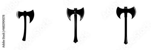 Black and white vector illustration of minimalist axe silhouettes for design and branding purposes