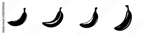 Collection of minimalist black-and-white banana silhouettes arranged in varying orientations for simple visual impact