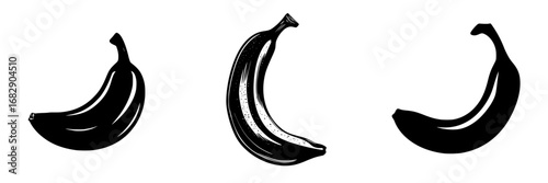 Creative representation of black-and-white minimalist banana silhouettes showcasing different stages of ripeness