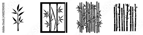 Minimalist black-and-white vector illustration of bamboo silhouettes in various arrangements for decorative use