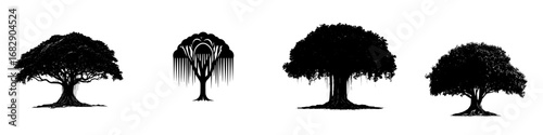 Silhouette collection of unique tree designs showcasing different shapes and forms in minimalist black-and-white style