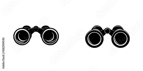 Minimalist black-and-white vector illustration of binoculars in simple silhouette design