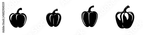 Black-and-white minimalist vector illustration of bell peppers in various sizes and shapes for culinary design