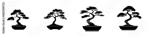 Stylized black-and-white silhouette of minimalist bonsai trees in various shapes and styles for artistic decoration