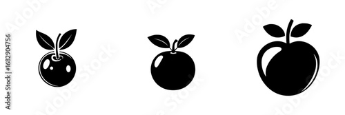 Minimalist black-and-white vector illustration of apple silhouettes with leaves, showcasing three distinct shapes and sizes