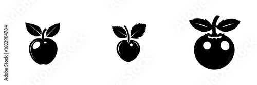 Minimalist black-and-white vector illustrations of fruits featuring apples and tomatoes with simple silhouettes
