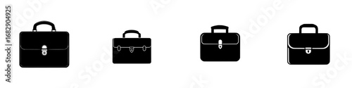 Simplistic black-and-white vector illustration of four distinct briefcases in a minimalist style showcasing various designs