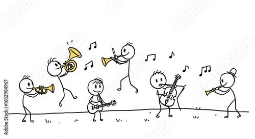 doodle stick figures playing musical instruments