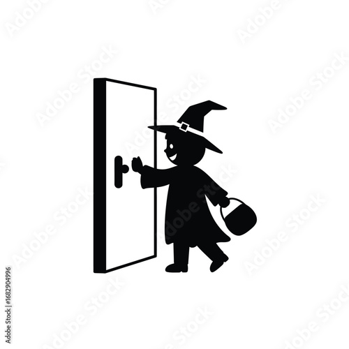 Child witch knocks door trick or treat icon knocking
