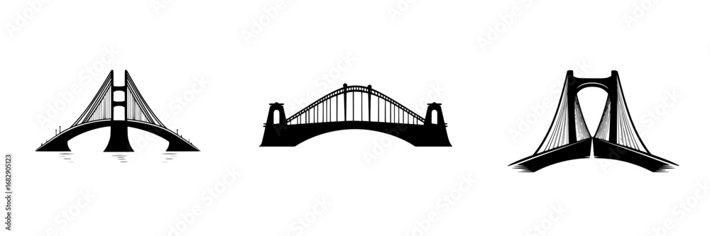 Obraz premium Unique minimalist vector illustrations of three diverse bridge designs showcasing architectural elegance in black and white