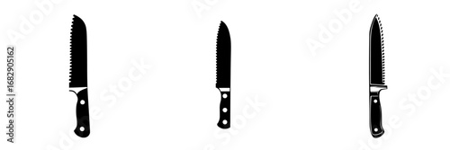 Minimalist black-and-white vector illustration of kitchen knives showcasing various blade designs and handles for culinary arts