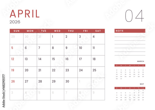 Monthly page Calendar Planner Template design of April 2026. Vector layout of calendar with week start Sunday for Scheduling. Page for size A4 or 21x29.7 cm
