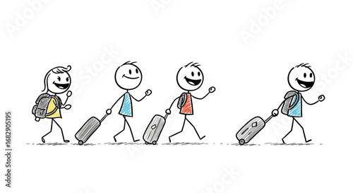 doodle stick figures traveling with luggage