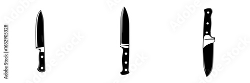 Minimalist black-and-white vector illustration of various kitchen knives displayed side by side