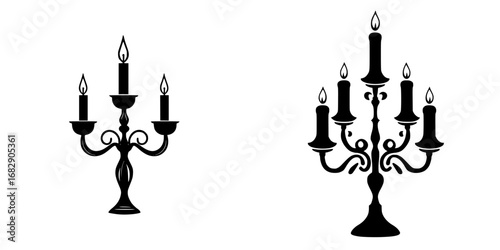 Elegant black-and-white vector illustration featuring minimalist candle holder designs in silhouette form