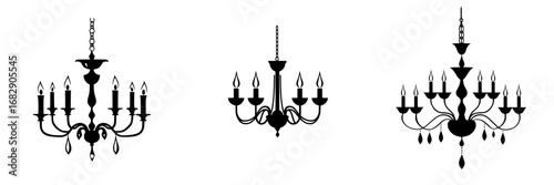Elegant black-and-white minimalist vector illustrations of chandeliers in various designs and styles