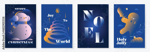 Christmas and Happy Holidays poster vector set. Modern new year card template with christmas tree, snowman, gingerbread on blue gradient background. Design for cover, website, promotion, ads.