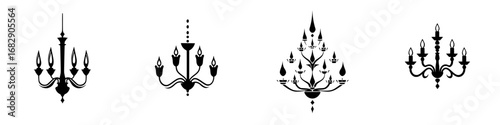 Elegant black-and-white minimalist vector illustrations of chandelier silhouettes in varying styles and designs