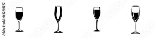 Elegant black-and-white vector illustration of minimalist wine glasses showcasing different silhouettes