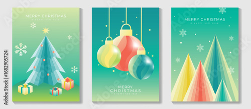 Christmas and Happy Holidays poster vector set. Modern new year card template with christmas tree, bauble, snowflake, gift on green gradient background. Design for cover, website, promotion, ads.
