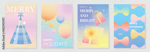 Christmas and Happy Holidays poster vector set. Modern new year card template with christmas tree, balloon, gift, ribbon on vibrant gradient background. Design for cover, website, promotion, ads.