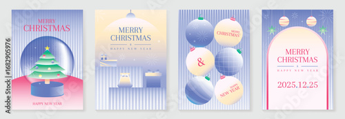 Christmas and Happy Holidays poster vector set. Modern new year card template with christmas tree, bauble, gift, snow globe on blue gradient background. Design for cover, website, promotion, ads.