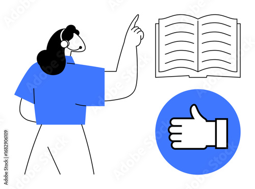 Wallpaper Mural Woman pointing upward with an open book and thumbs-up icon, representing education, instruction, approval, learning, feedback, communication, and guidance. Ideal for e-learning teaching tools Torontodigital.ca