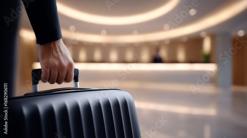 A business traveler arrives at a modern hotel lobby. The sleek design captivates the eye. A stylish suitcase in hand symbolizes adventure and professionalism. AI