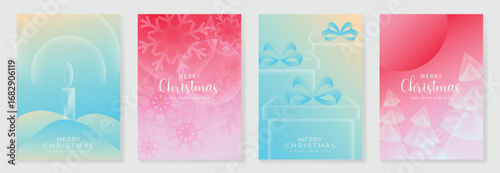 Christmas and Happy Holidays poster vector set. Modern new year card template with christmas tree, snowflake, gift, candle on blue pink gradient background. Design for cover, website, promotion, ads.