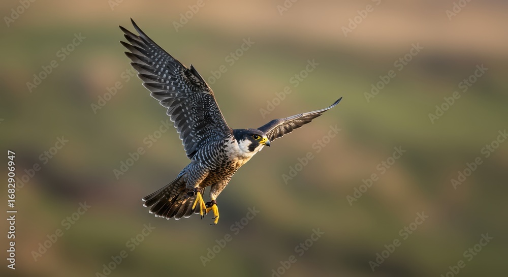 Fototapeta premium A peregrine falcon soars gracefully through a soft, out-of-focus landscape, showcasing its powerful wings and sharp focus.