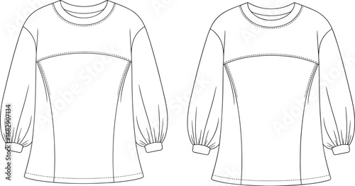 Balloon sleeve top flat sketch, women's blouse front and back view, fashion cad drawing, long sleeve shirt vector illustration