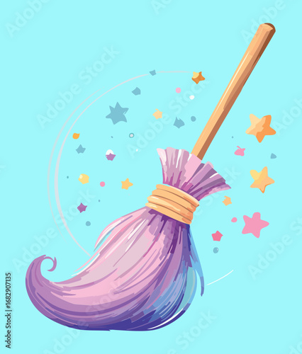 Whimsical witch's broom with pink and blue bristles and floating stars a magical item for Halloween and fantasy