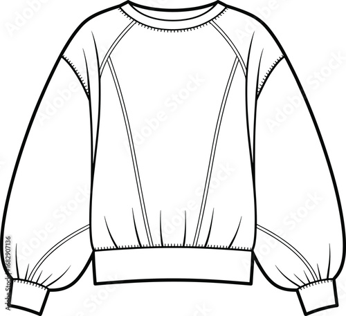 Balloon sleeve sweatshirt flat sketch, ribbed cuffs, crew neck, stylish women top, fashion cad drawing, vector garment design illustration