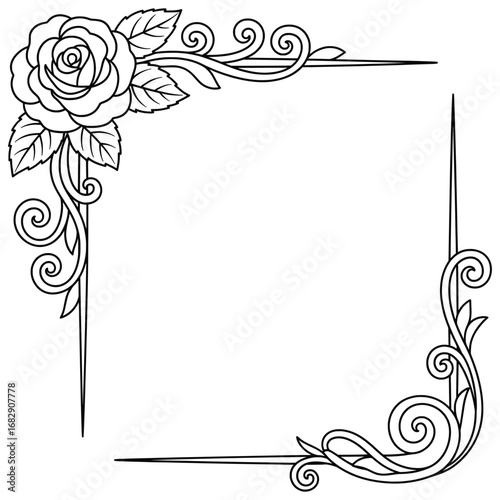Rose vector illustration of a decorative square frame with blooming flower, swirling vines, and leaves arranged in an elegant botanical border in a clean outlined black and white drawing