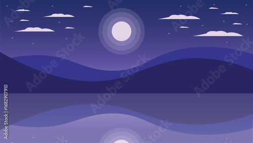 Landscape night sky with a star and reflect the beutiful reflect water mirroring the moon and the mountain drawing in cute flat concept drawing templete illustration for background theme in vector .