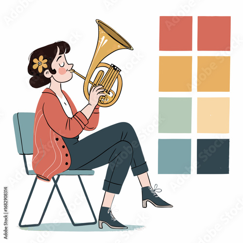 A charming illustration of a woman playing the French horn.