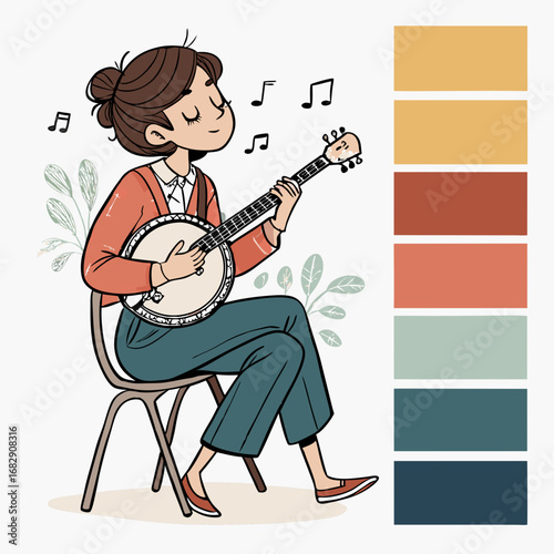 A charming illustration of a woman playing the banjo with a color palette.