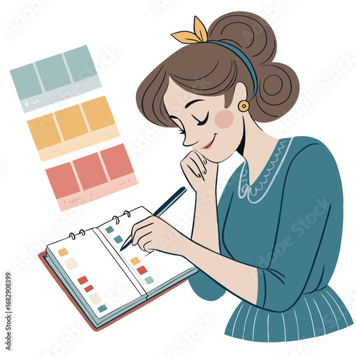 A charming woman in retro style planning with color palettes.