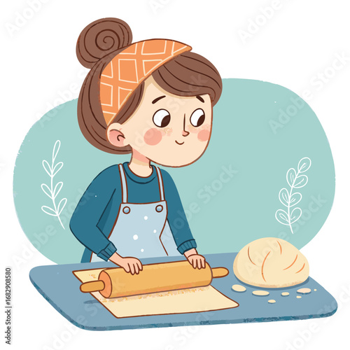 A cute cartoon girl rolling out dough with a rolling pin for baking.